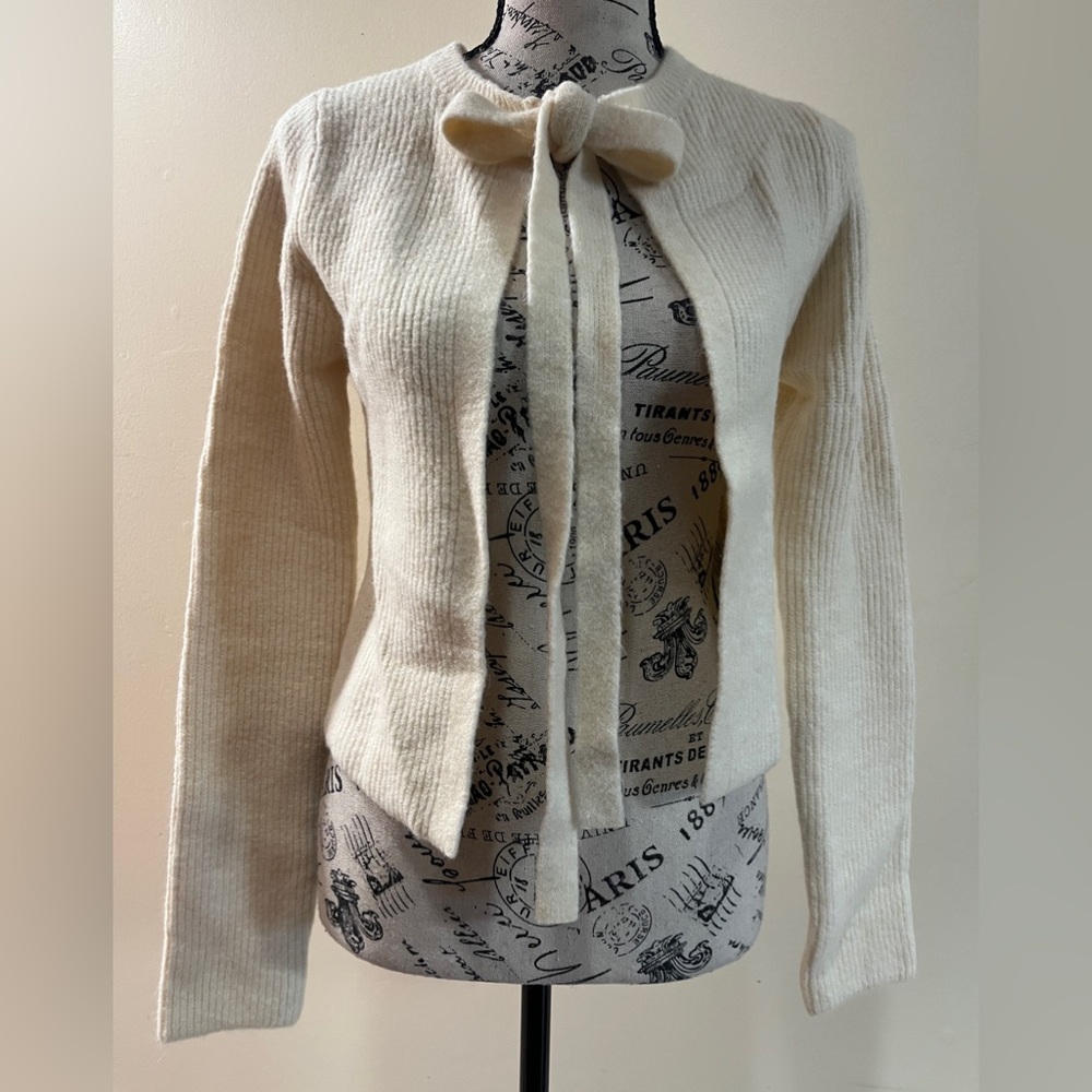 Zara Cream Women's Cardigan with Bow Accent